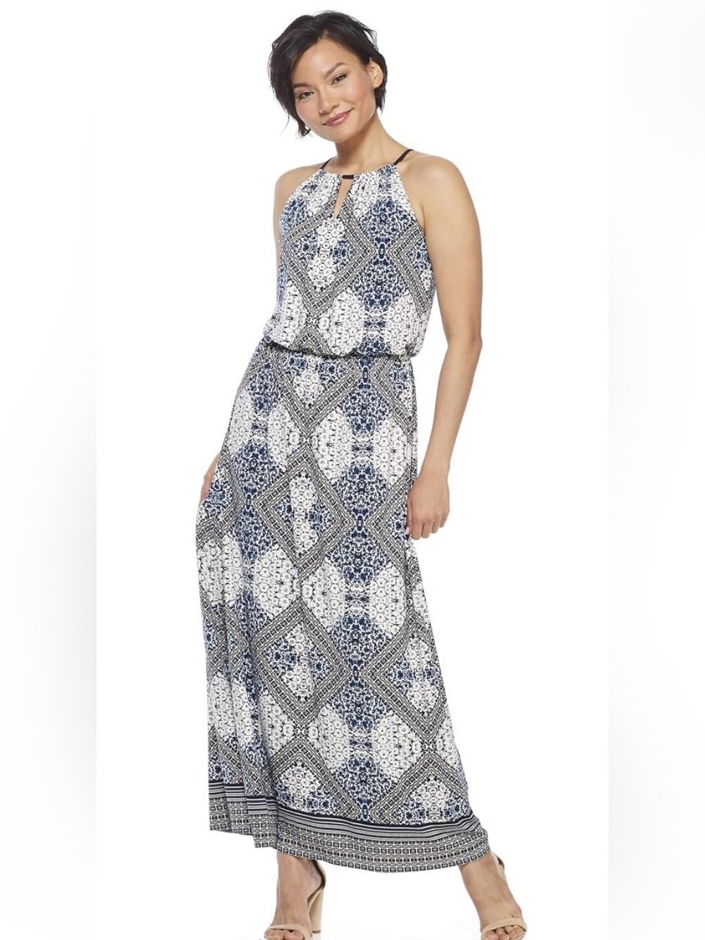 New London Times Petites Keyhole Blue/White Printed Stretch Maxi Dress, Small